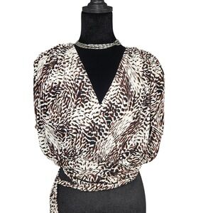 Express Womens Animal Print Wrap Tie Crop Top Brown Black V-Neck Size M NEW